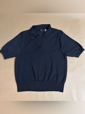 Tahari T Black Ribbed Knit Johnny-Collar Polo — Size S/P